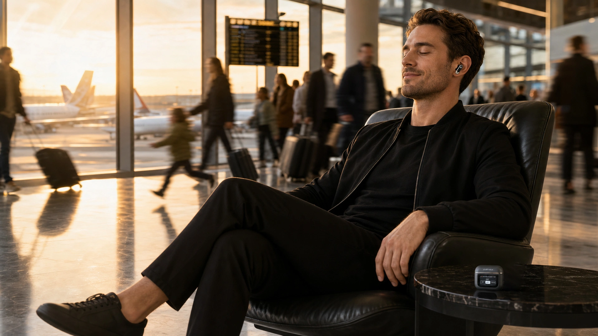 Traveler wearing WENEX Orbit V2 switching ANC on the charging case touch display in a busy airport