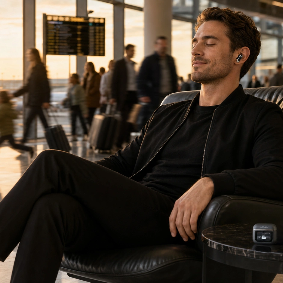 Traveler wearing WENEX Orbit V2 switching ANC on the charging case touch display in a busy airport