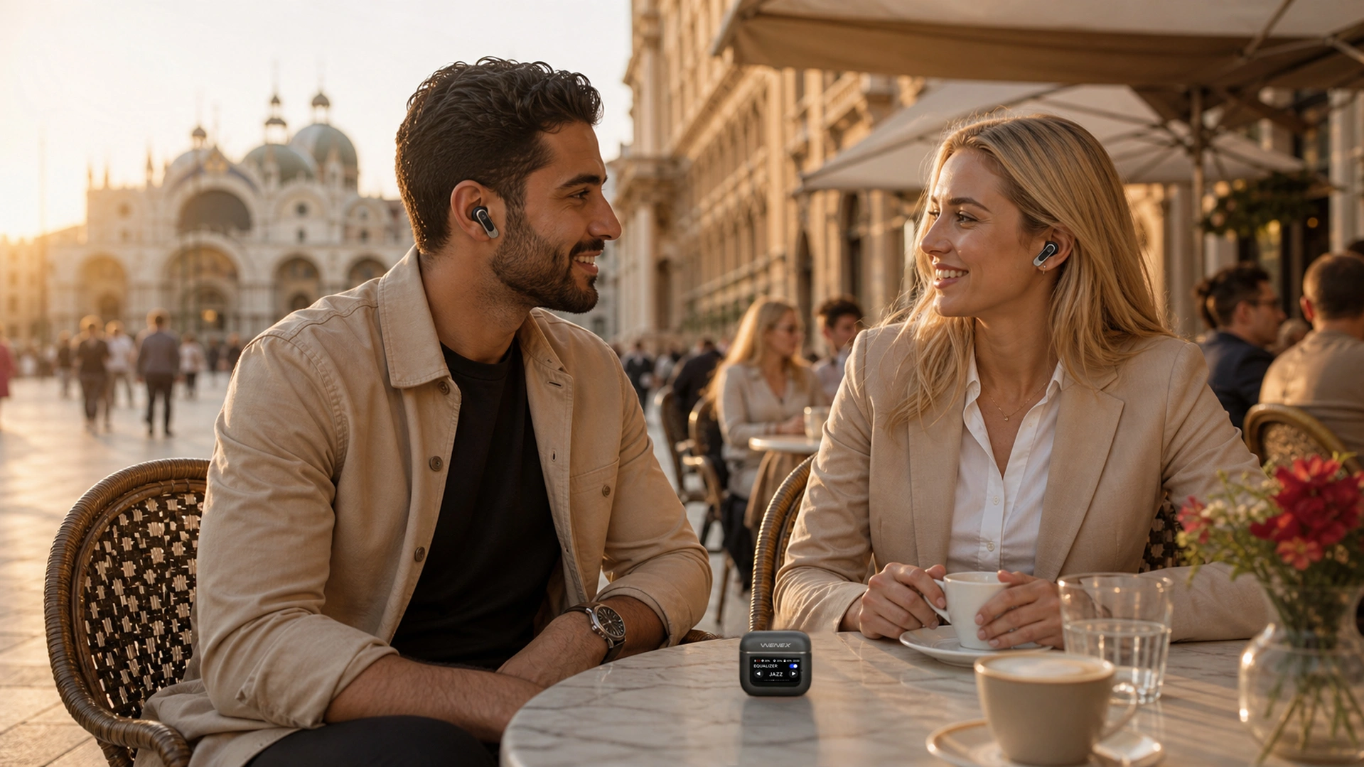 Two travelers talking across languages in a city square wearing WENEX Orbit V2
