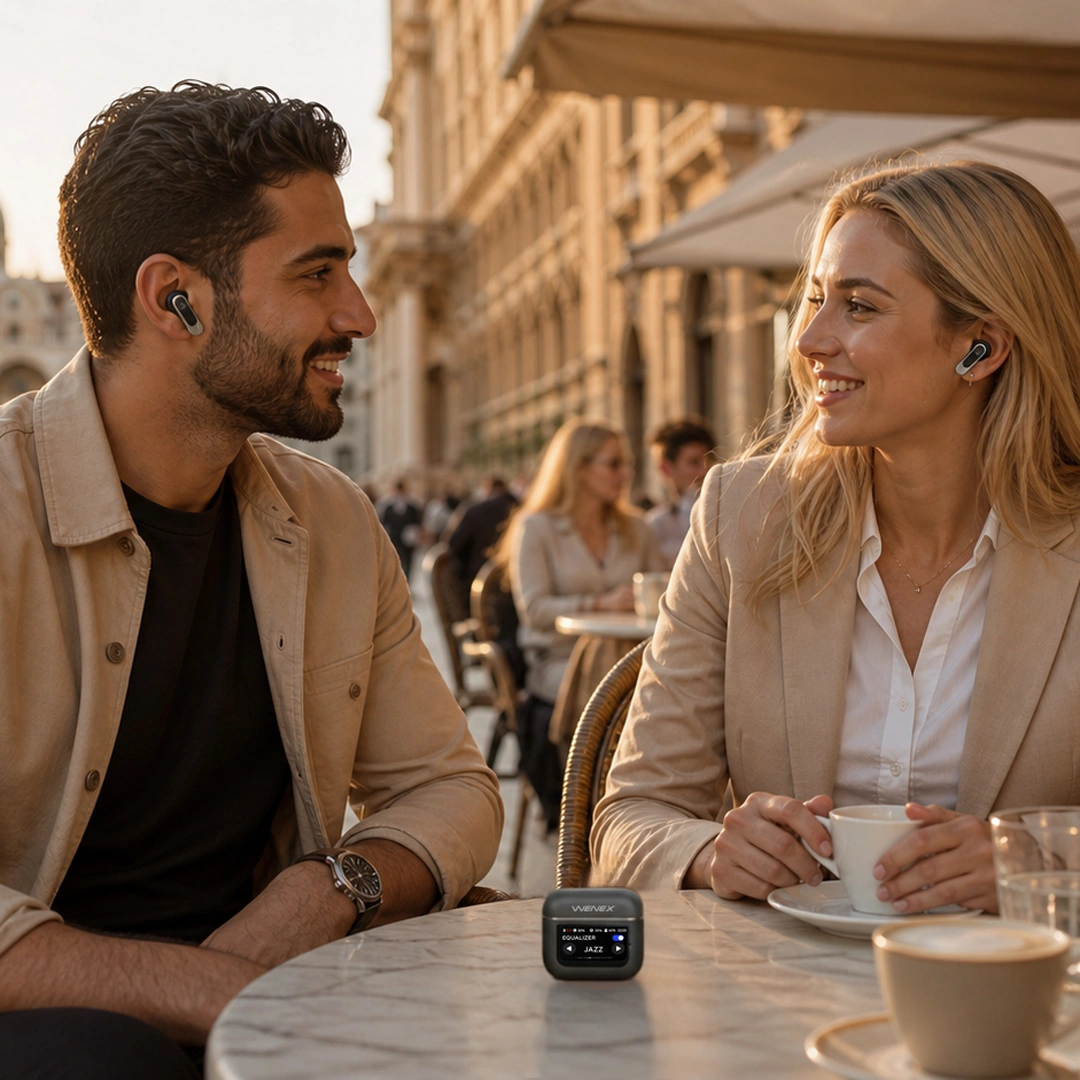 Two travelers talking across languages in a city square wearing WENEX Orbit V2