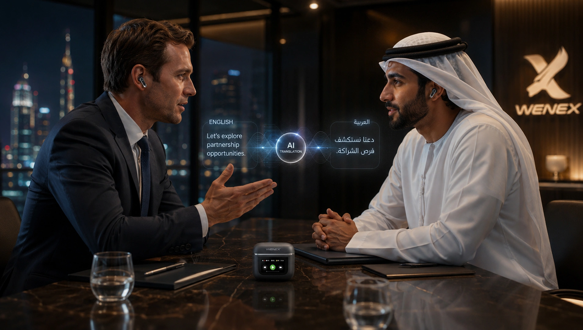 Business meeting translated live between English and Arabic through WENEX Orbit V2