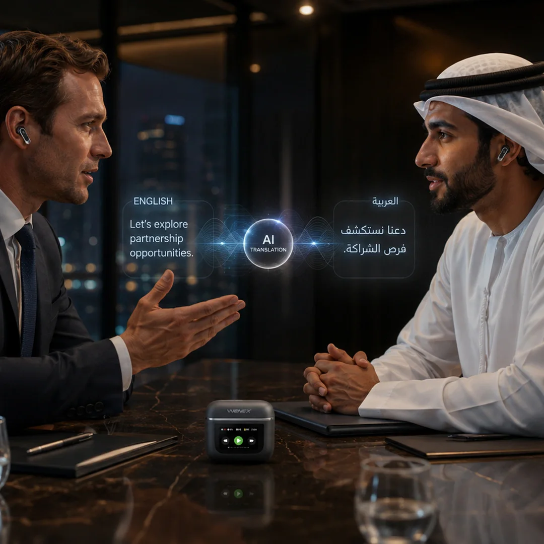 Business meeting translated live between English and Arabic through WENEX Orbit V2