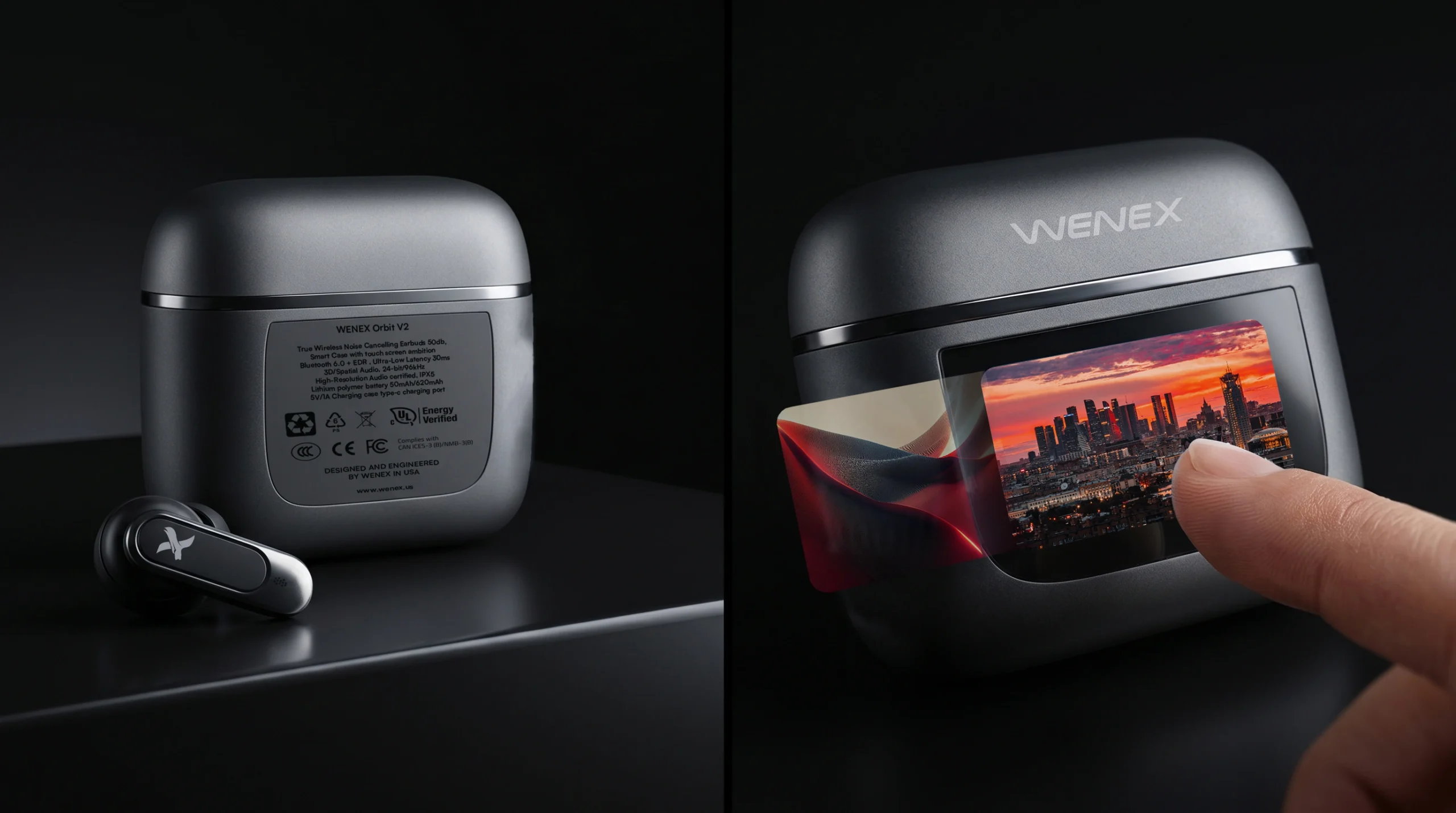 WENEX Orbit V2 charging case shown from front and back — chrome rim, touch display, USB-C