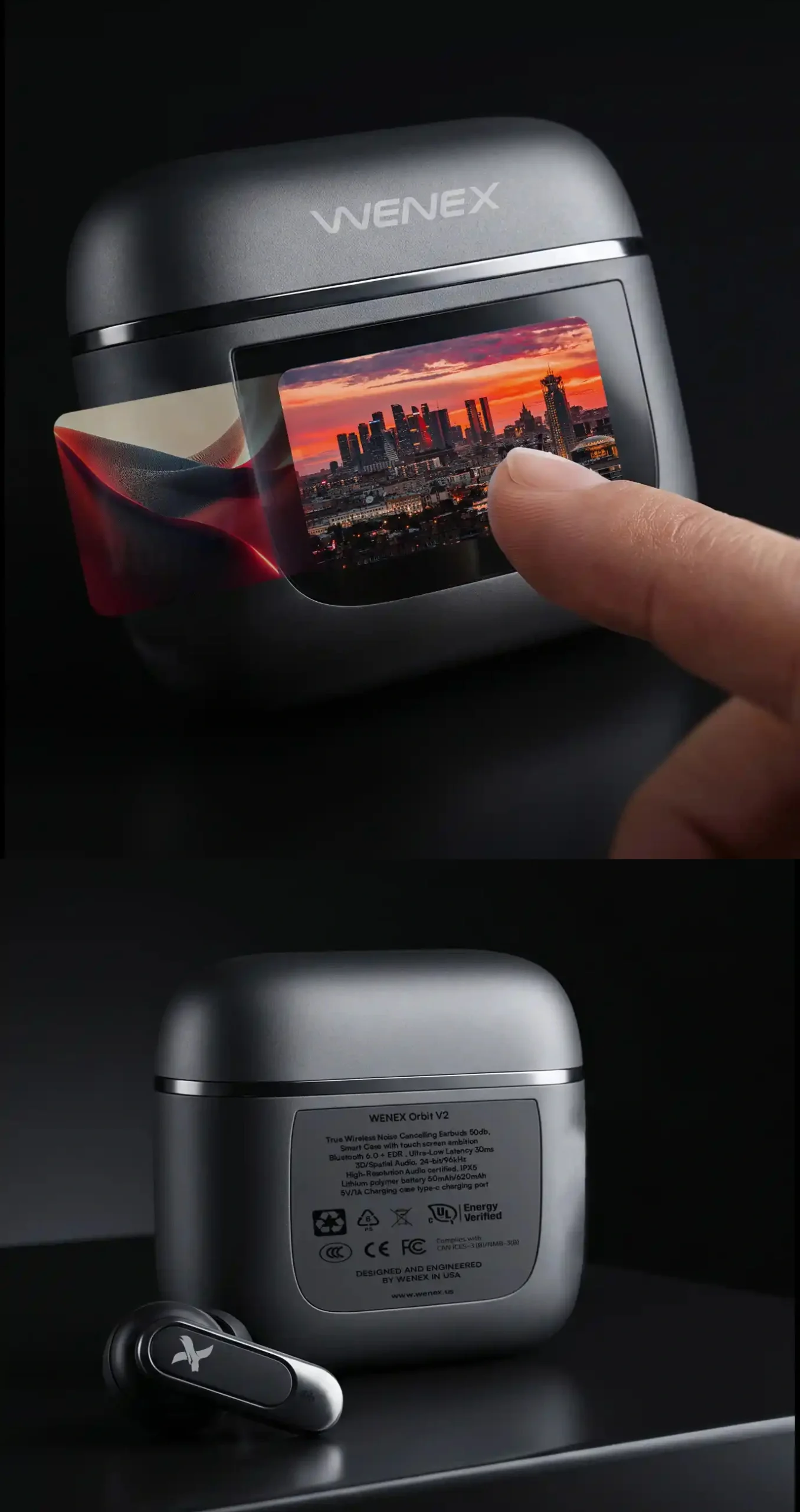 WENEX Orbit V2 charging case shown from front and back — chrome rim, touch display, USB-C