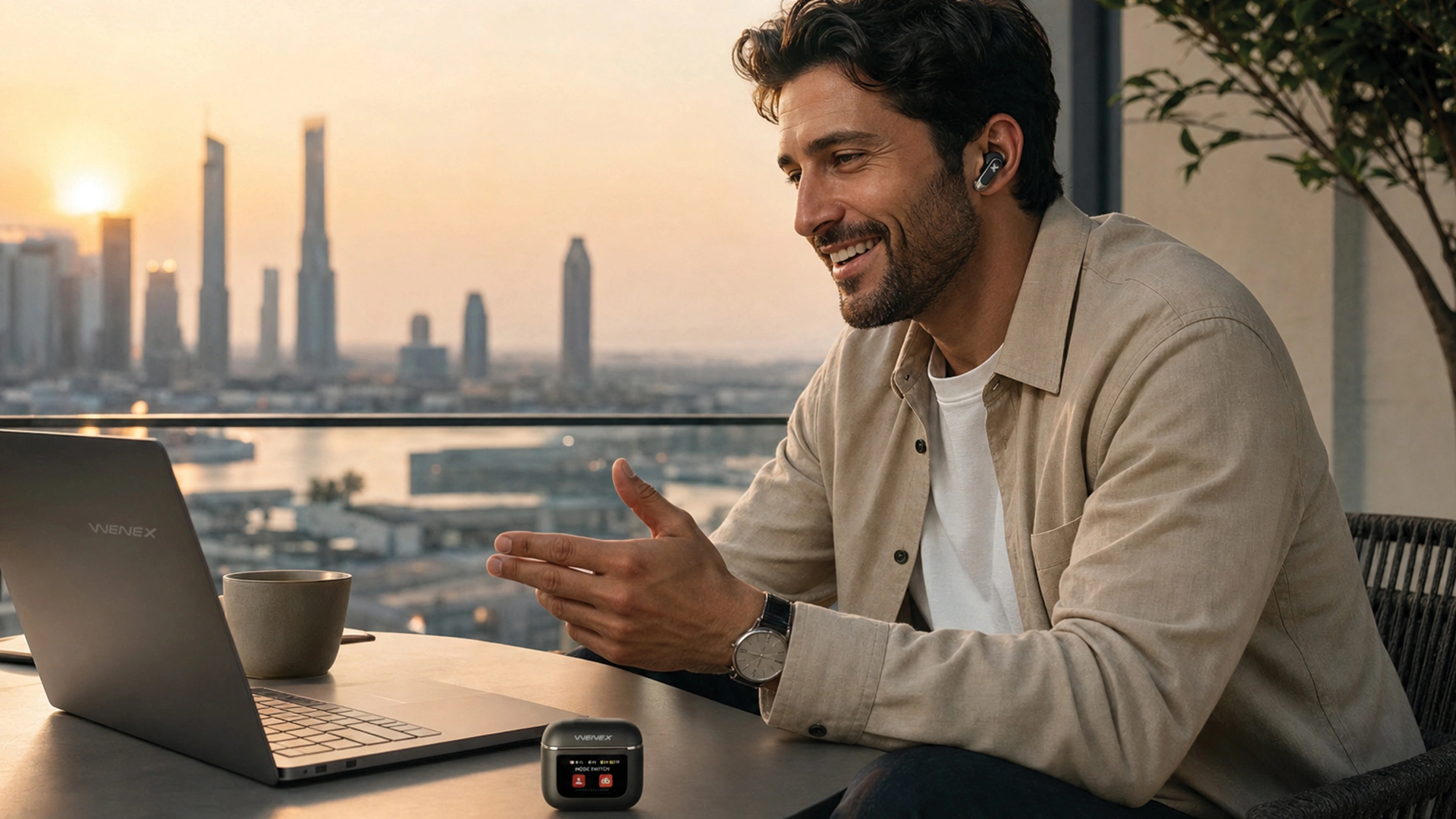 Man on a work call wearing WENEX Orbit V2 earbuds beside the charging case