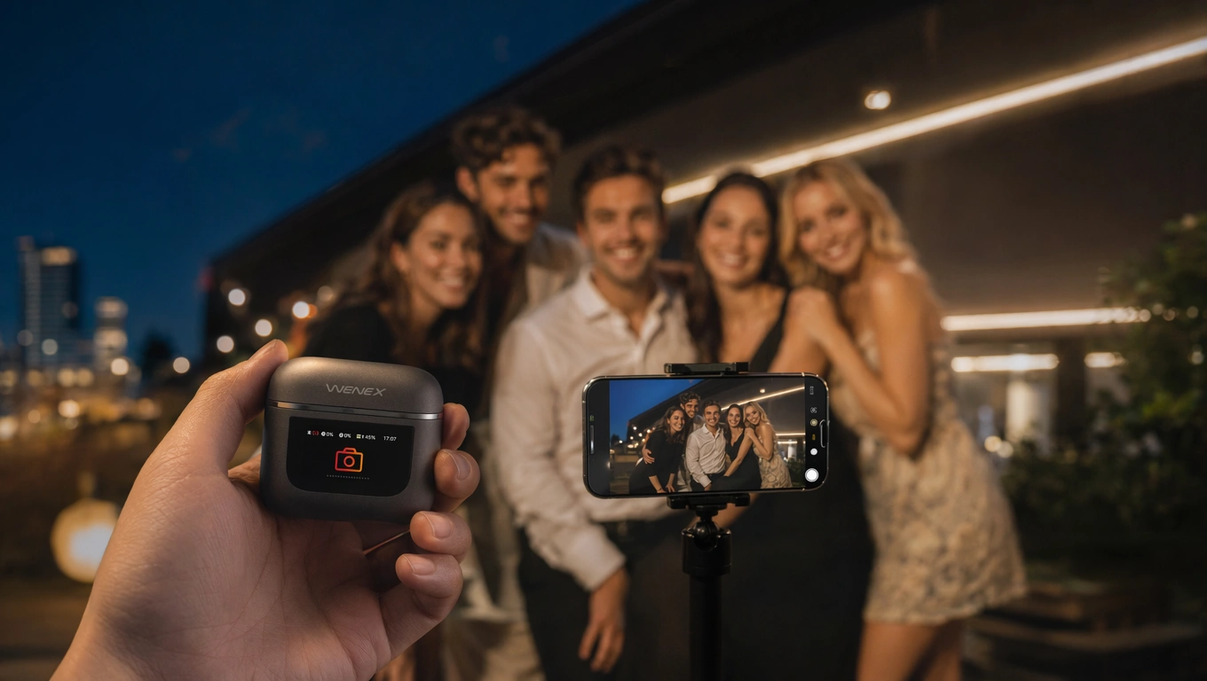 Close-up of the WENEX Orbit V2 charging case showing the camera remote control on its touch display