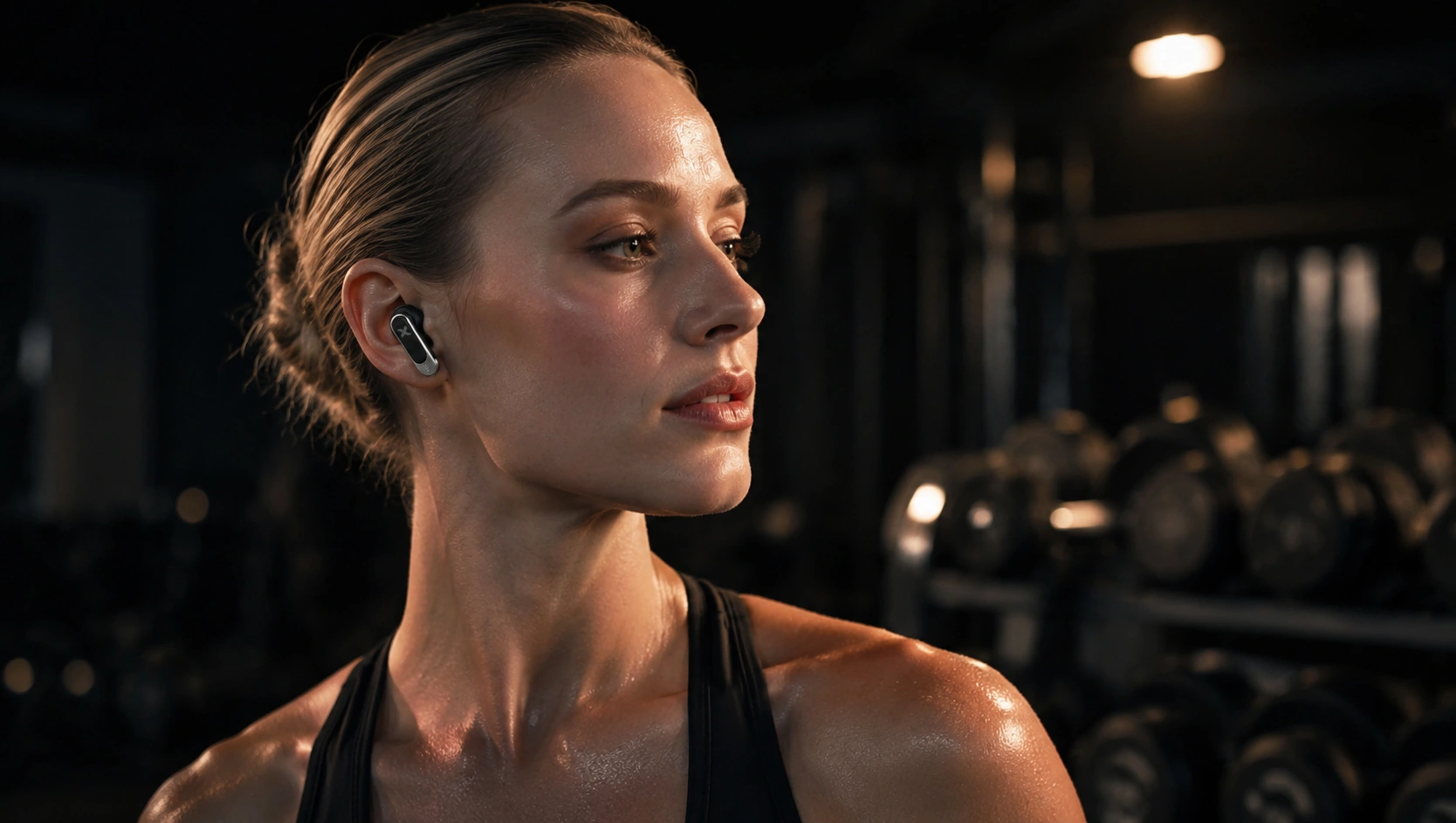 Athlete mid-workout wearing WENEX Orbit V2 earbuds
