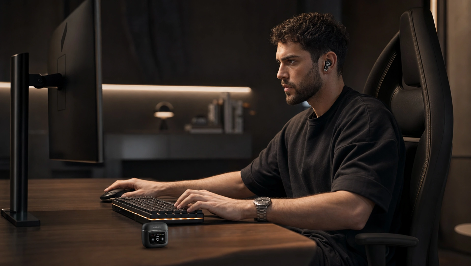 Gamer at a desk setup using WENEX Orbit V2 for low-latency audio