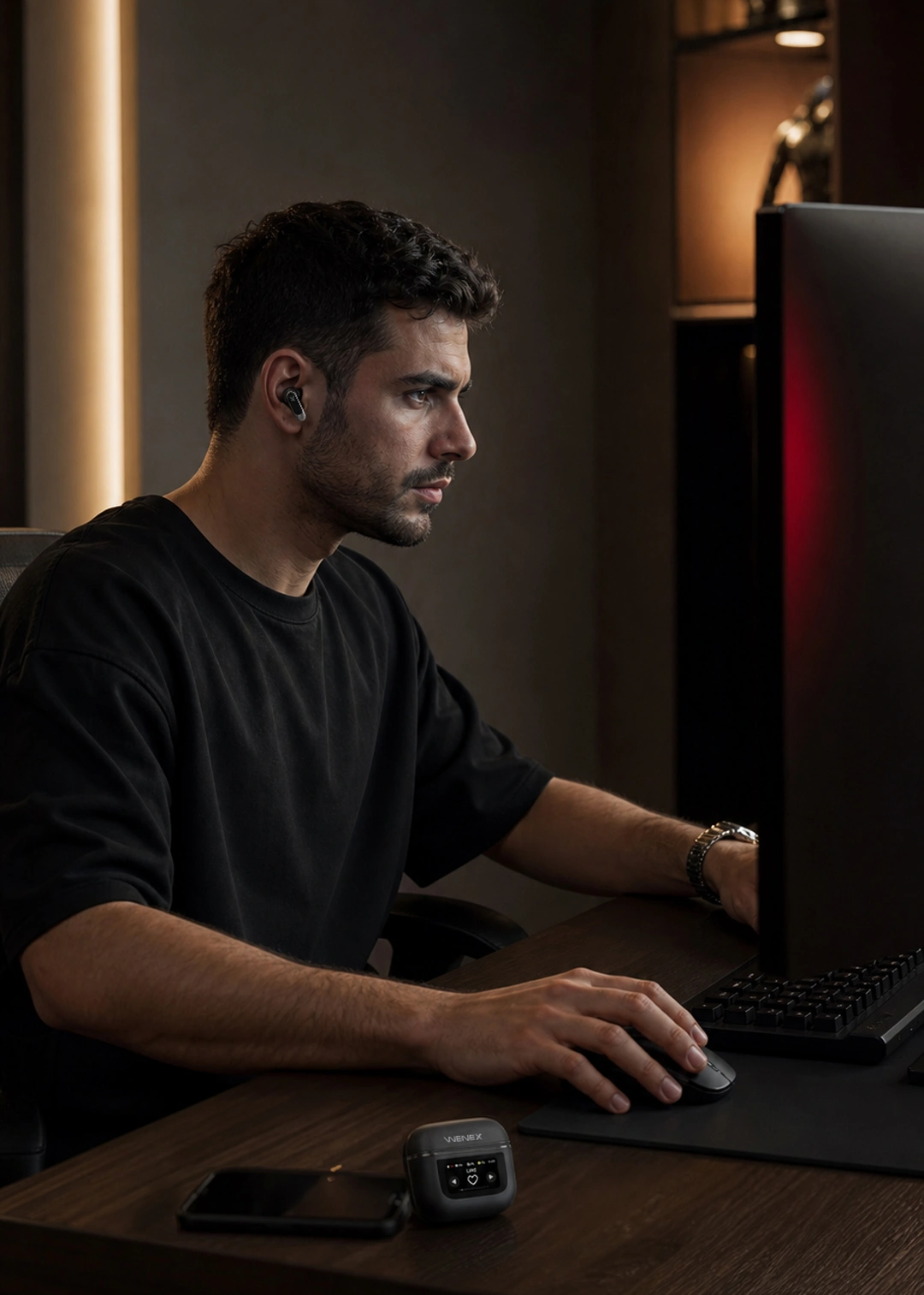 Gamer at a desk setup using WENEX Orbit V2 for low-latency audio