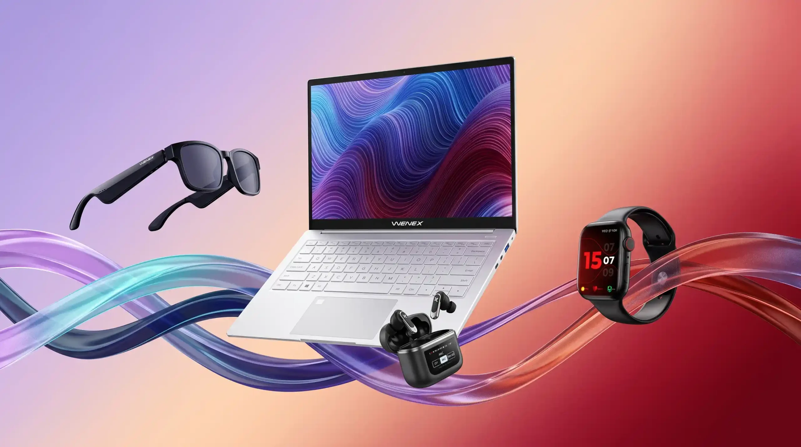 منتجات WENEX الأربعة — نظارة ViaVel، وحاسوب MyBook، وسماعتا Orbit V2 في علبتهما، وساعة Eterno — تطفو على شريط واحد من الضوء.