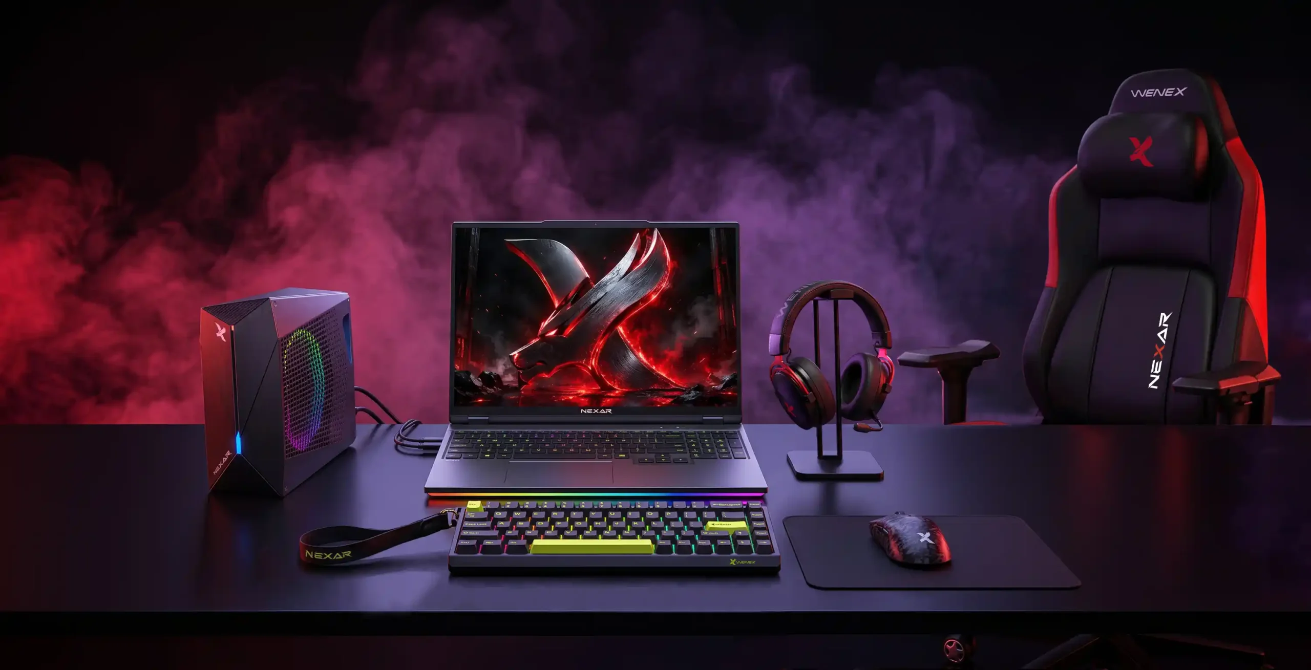 The complete WENEX NEXAR setup on one desk - NEXAR laptop, WAVE headset, HAVOC keyboard, VECTOR mouse, GLIDE mousepad and COMMANDER chair