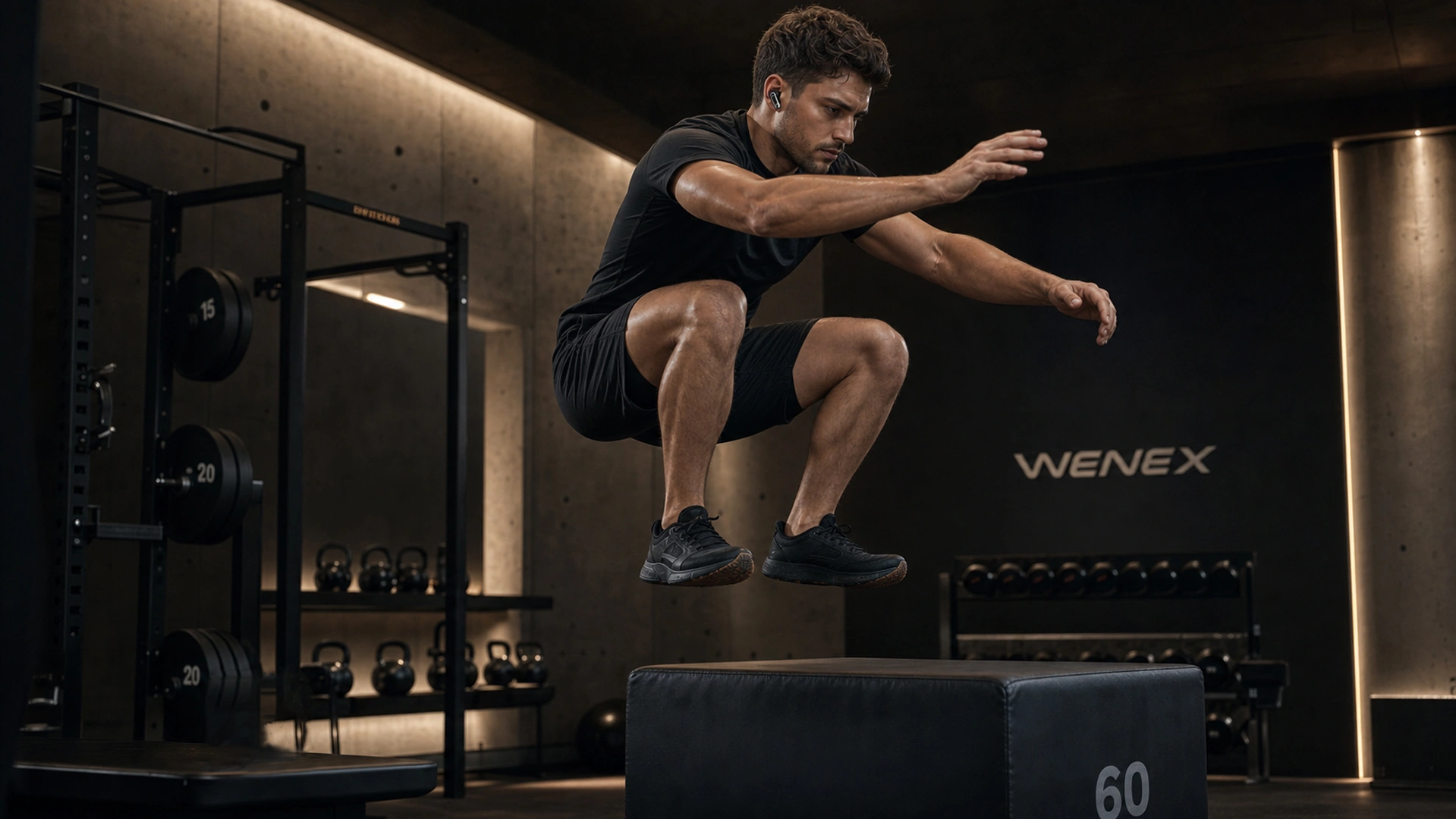 Athlete training with WENEX Orbit V2 earbuds staying secure in the ear