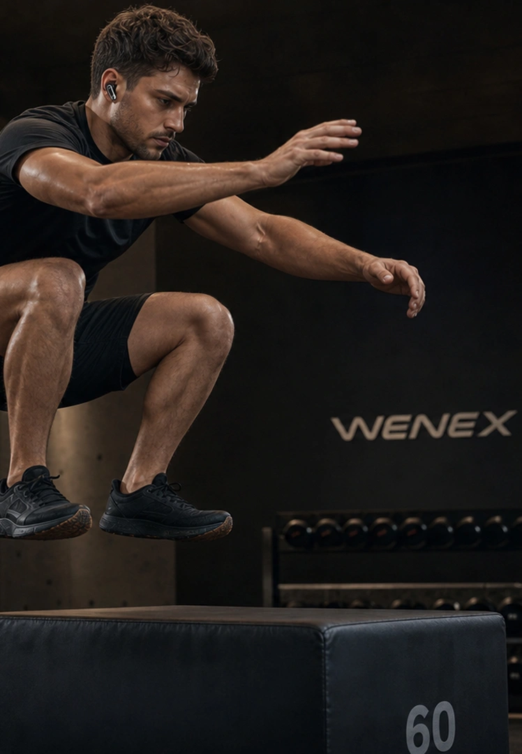 Athlete training with WENEX Orbit V2 earbuds staying secure in the ear