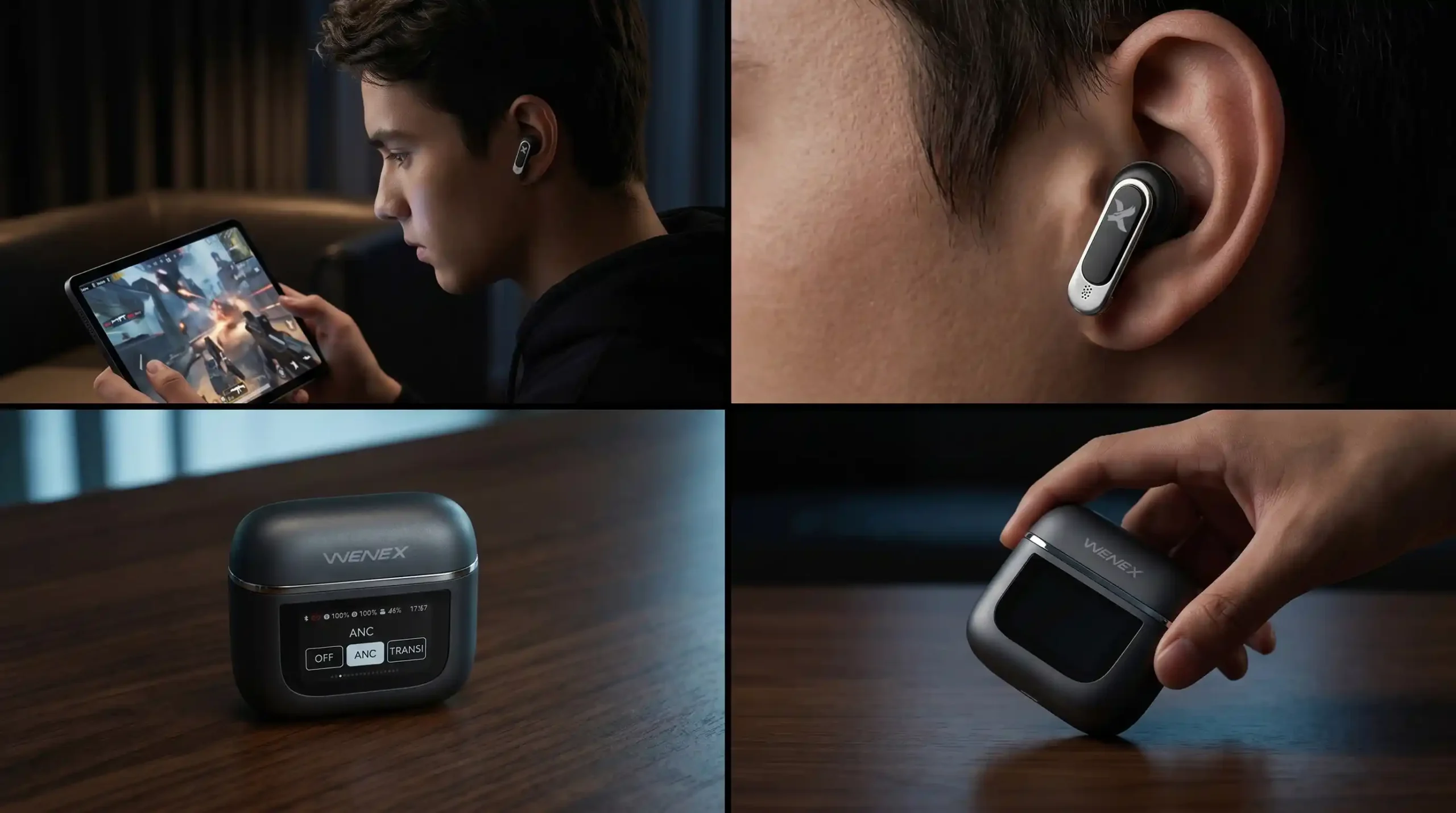 أربعة مشاهد لـ WENEX Orbit V2: لعب على جهاز لوحي، وسماعة مرتداة عن قرب، والعلبة على مكتب تعرض تحكم ANC، والعلبة في يد واحدة.