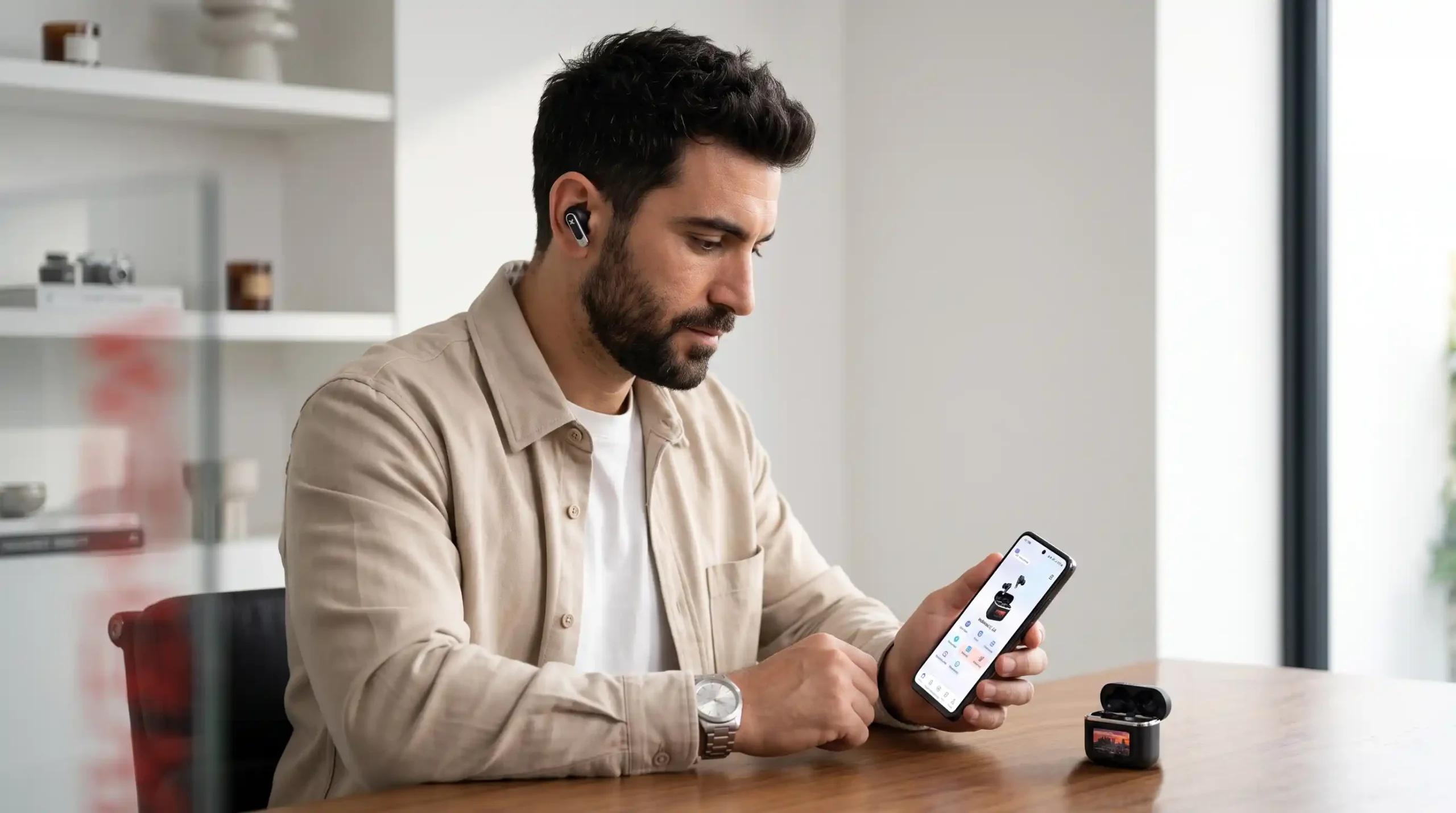 رجل إلى طاولة يرتدي سماعة WENEX Orbit V2 ويجهّز تطبيق NebulaBuds المرافق على هاتفه وعلبة الشحن مفتوحة بجانبه.
