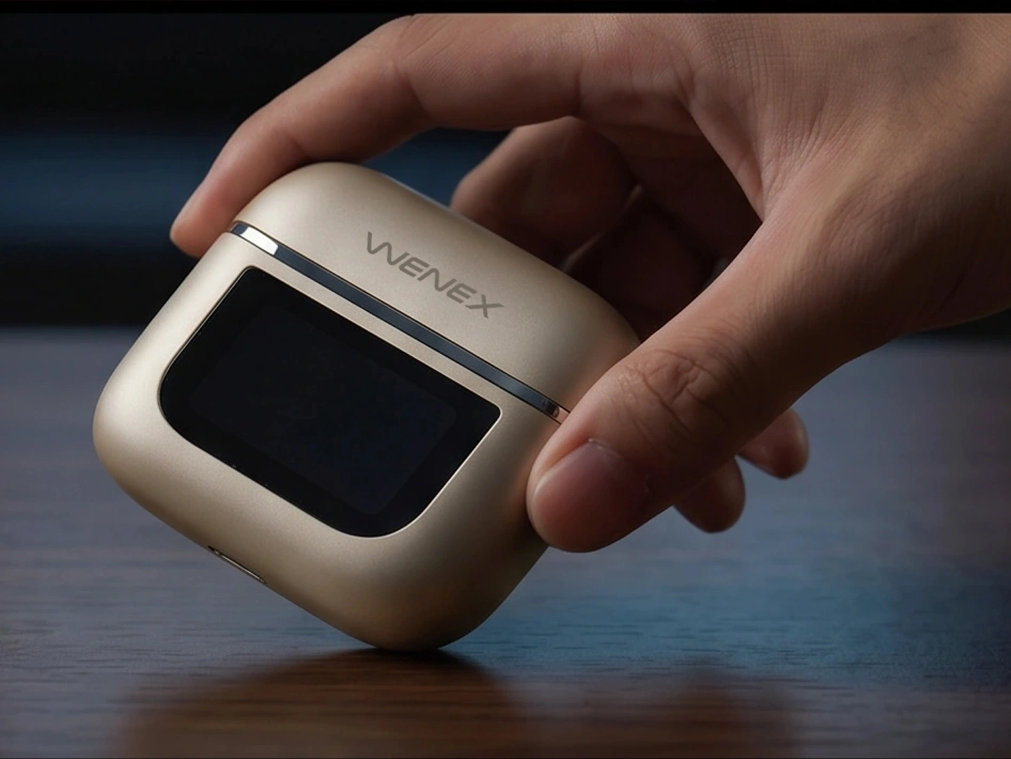 Orbit V2 Beige charging case held in hand