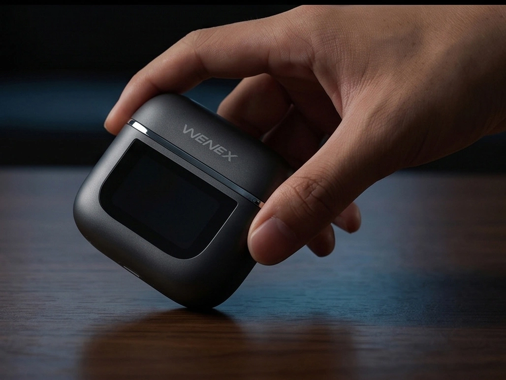 Orbit V2 أسود منتصف الليل charging case held in hand