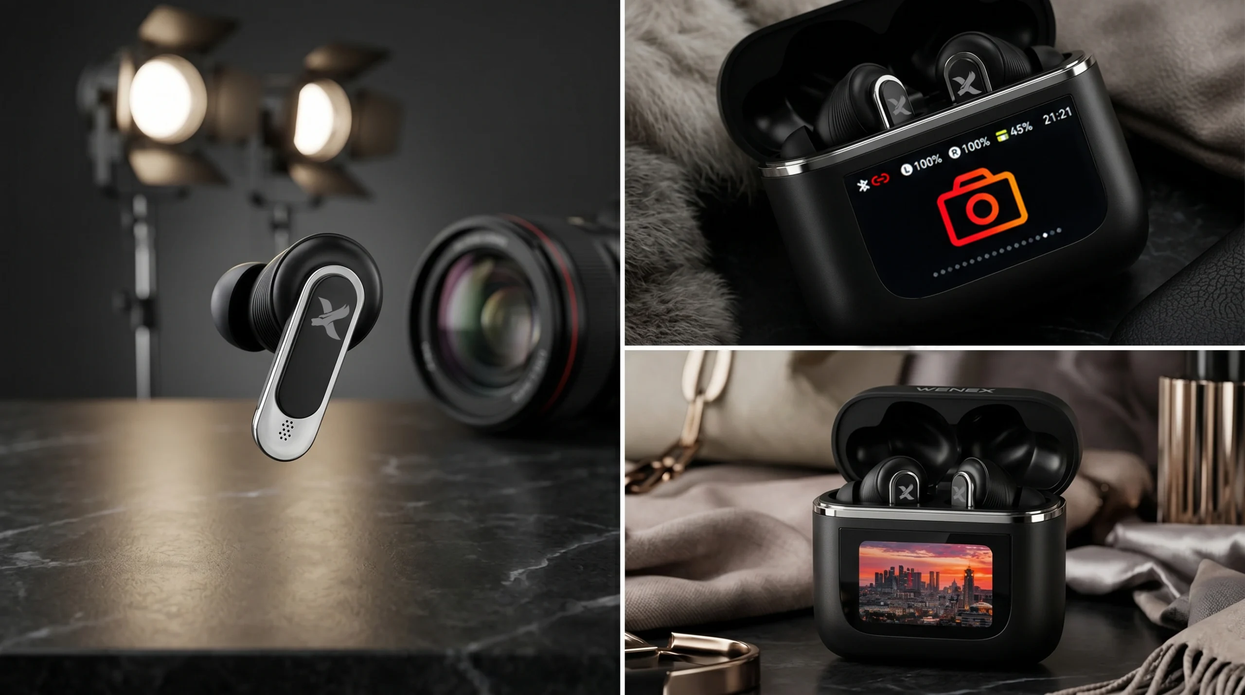 WENEX Orbit V2 camera remote — earbud, case trigger screen, and captured photo on the case display