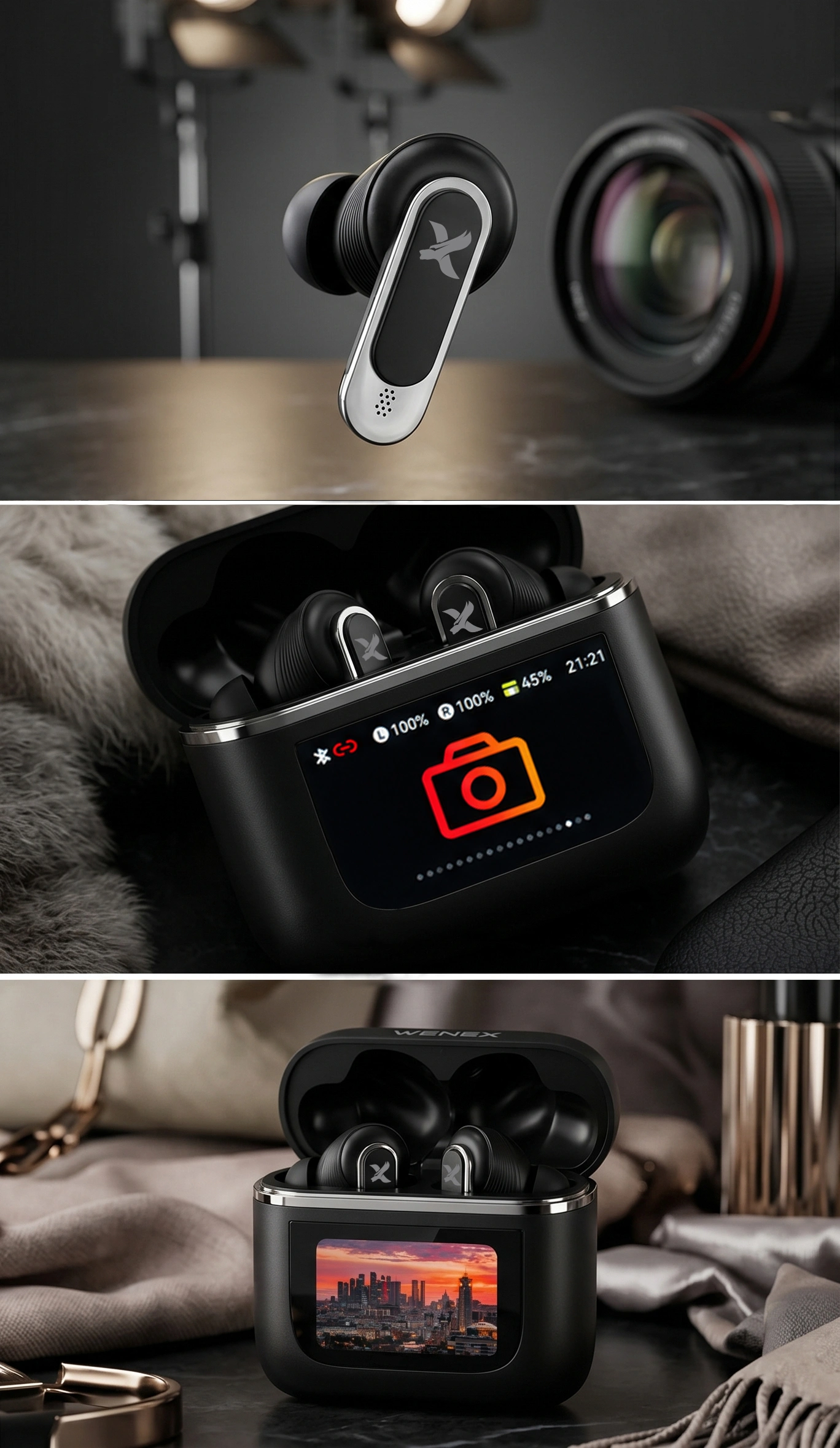 WENEX Orbit V2 camera remote — earbud, case trigger screen, and captured photo on the case display