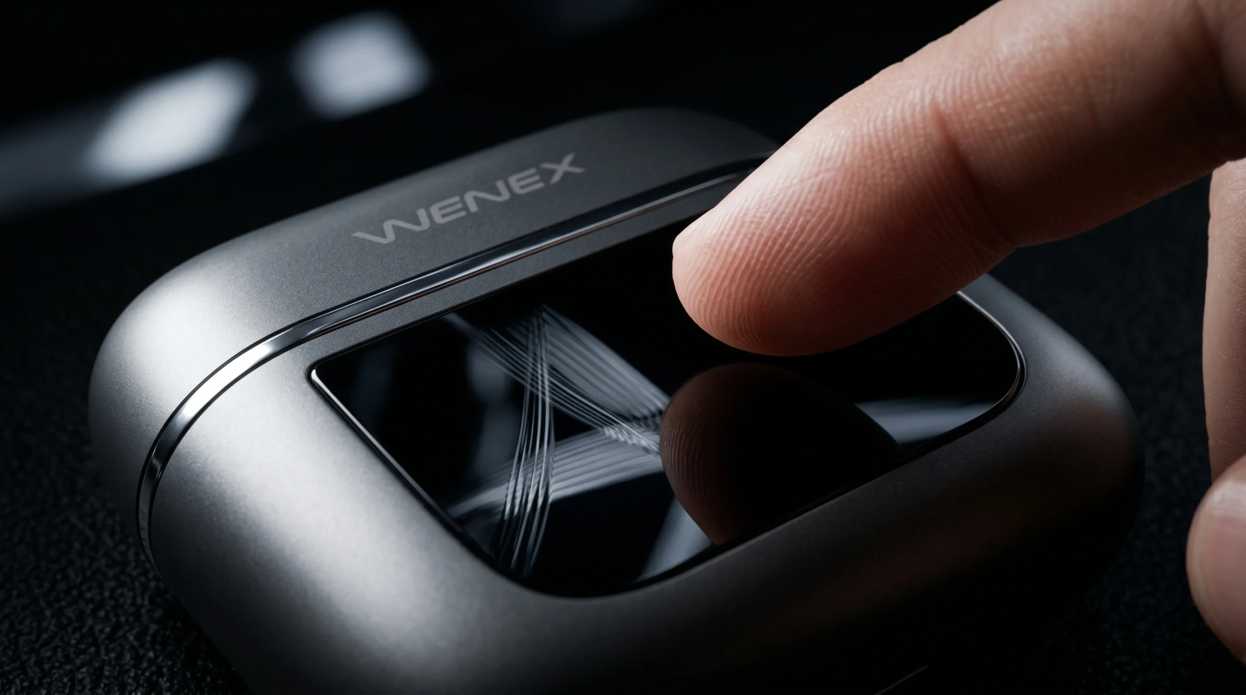 WENEX Orbit V2 wireless earbuds beside their charging case with smart touch display