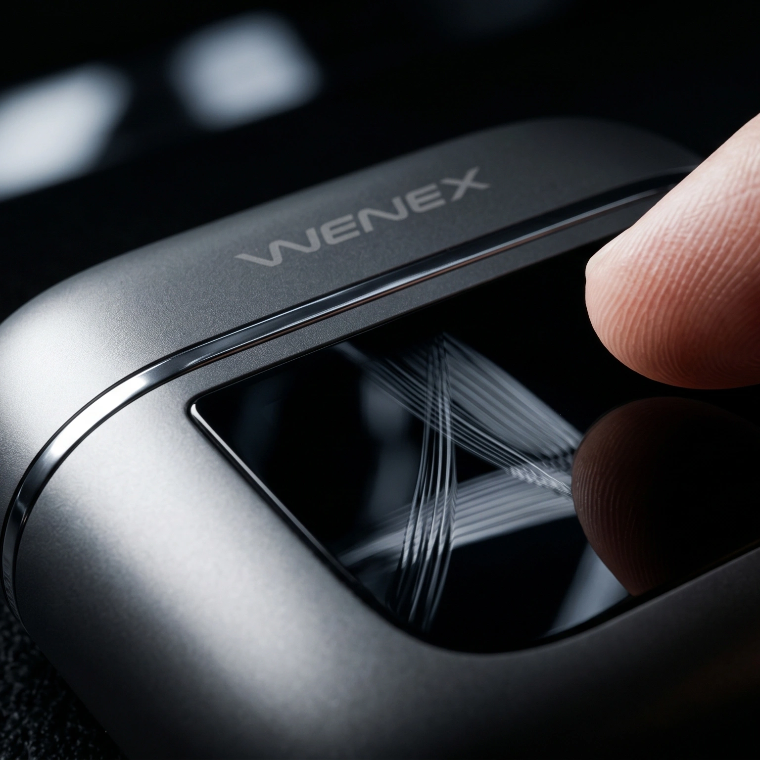 WENEX Orbit V2 wireless earbuds beside their charging case with smart touch display