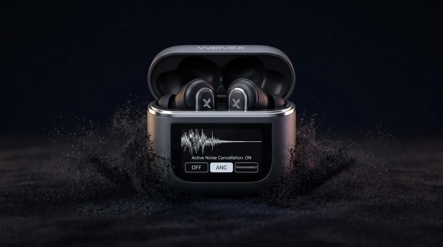 Orbit V2 charging case, open, its Smart Touch Display showing a sound wave collapsing and the OFF, ANC and Transparency selector.