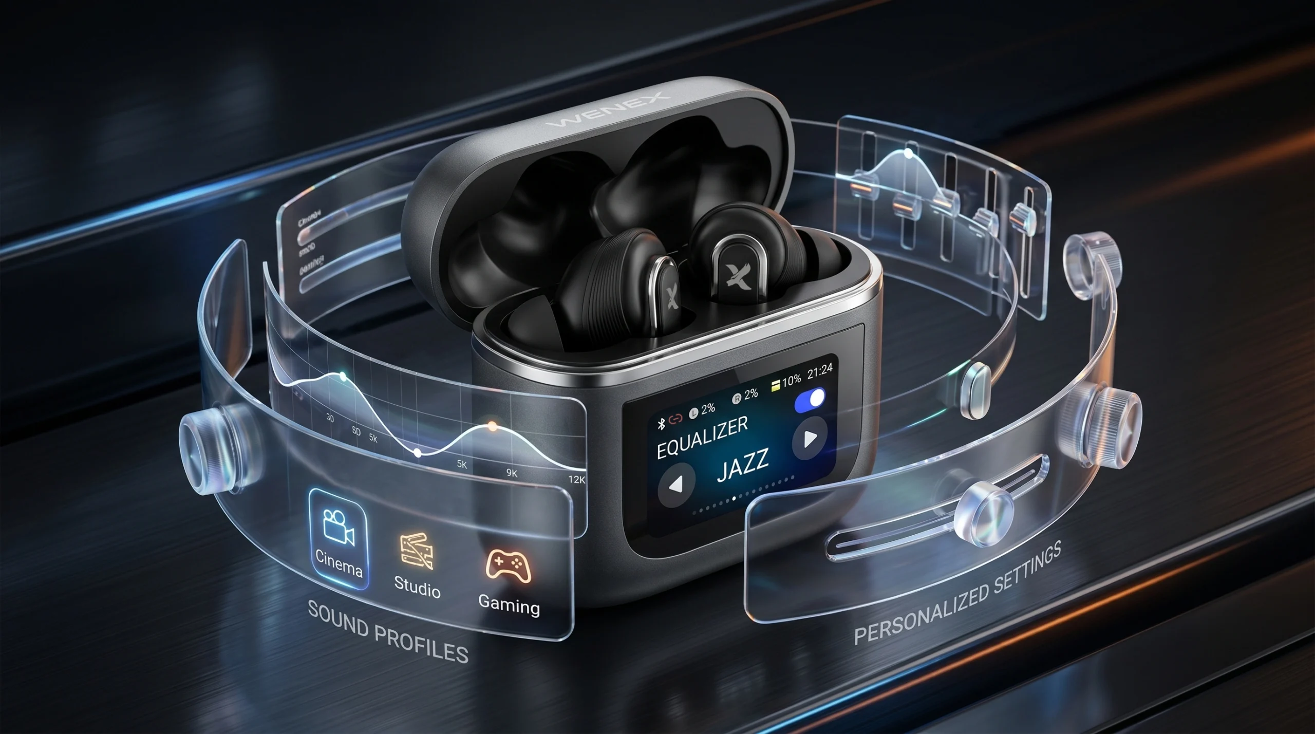 WENEX Orbit V2 charging case showing equalizer, sound profiles, and personalized settings on its touch display