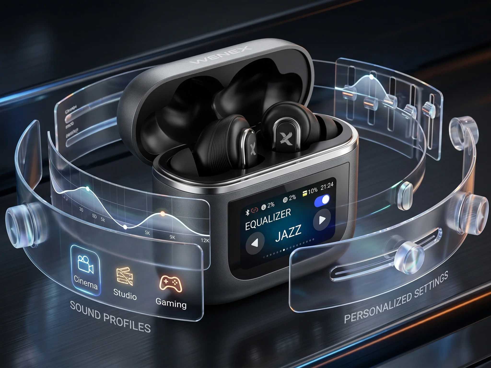 WENEX Orbit V2 charging case showing equalizer, sound profiles, and personalized settings on its touch display