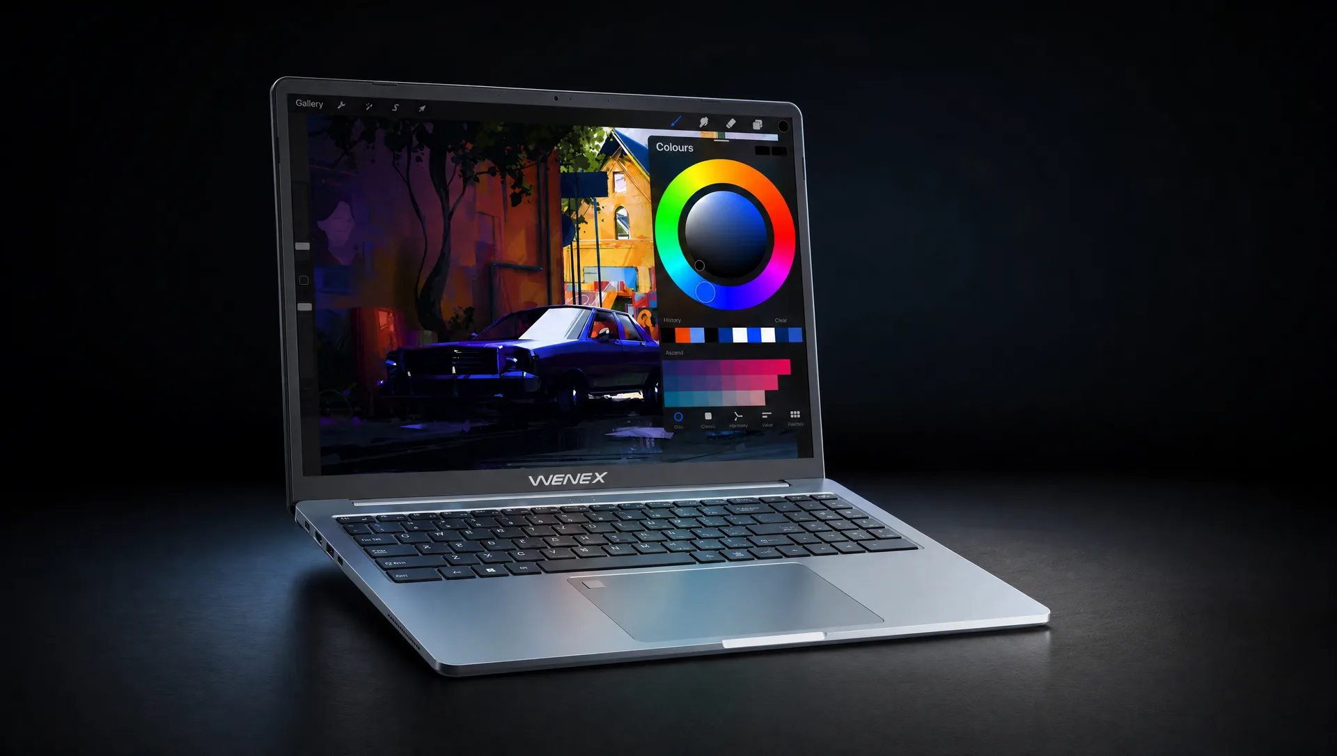 WENEX MyBook laptop open on a dark studio desk with rim lighting