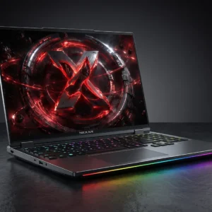 WENEX NEXAR gaming laptop with RGB keyboard and underglow on a dark studio surface