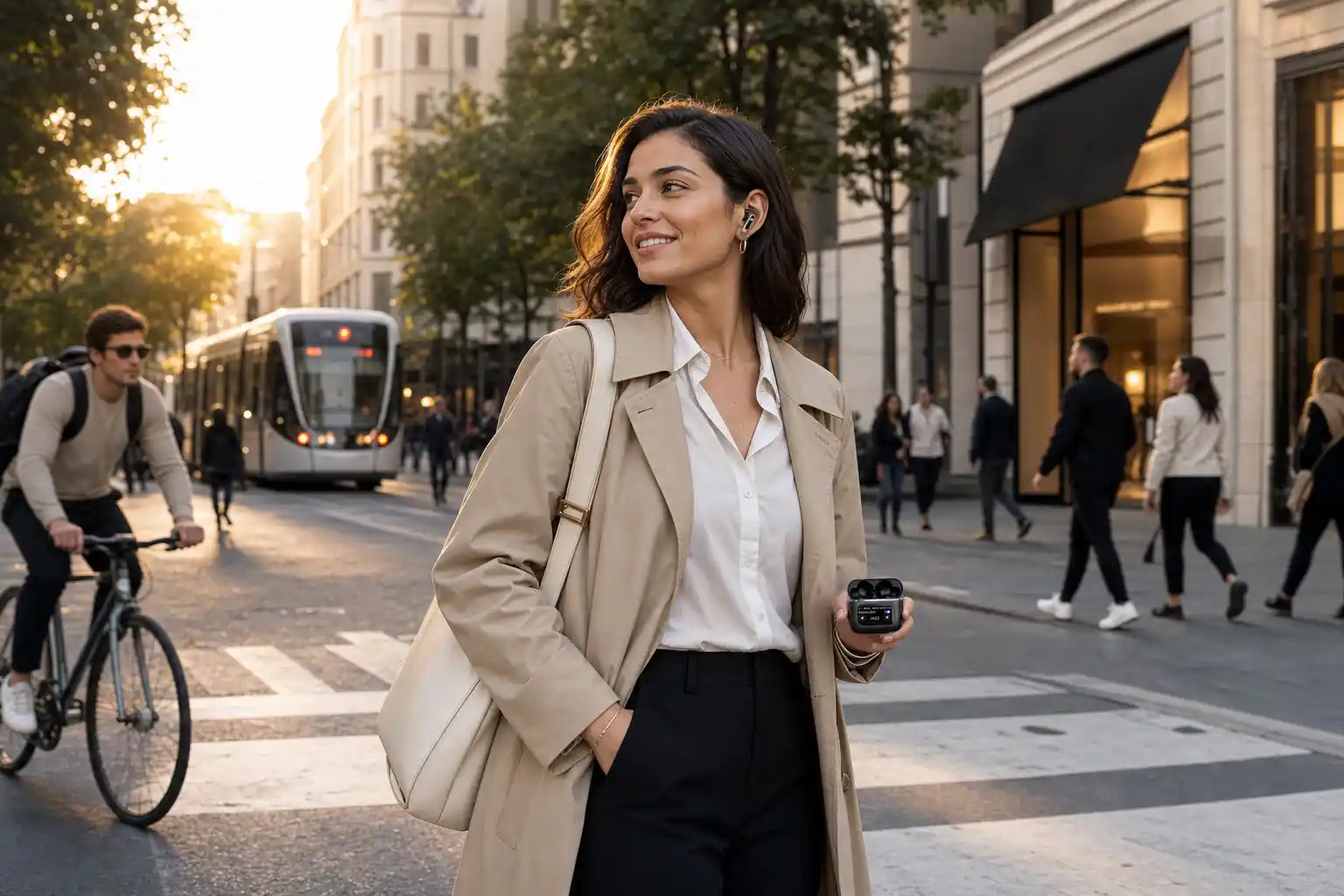 A person wearing WENEX Orbit V2 earbuds walking a bright city street