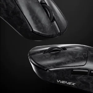 Macro view of two WENEX VECTOR mice showing the forged-composite shell texture and WENEX wordmark