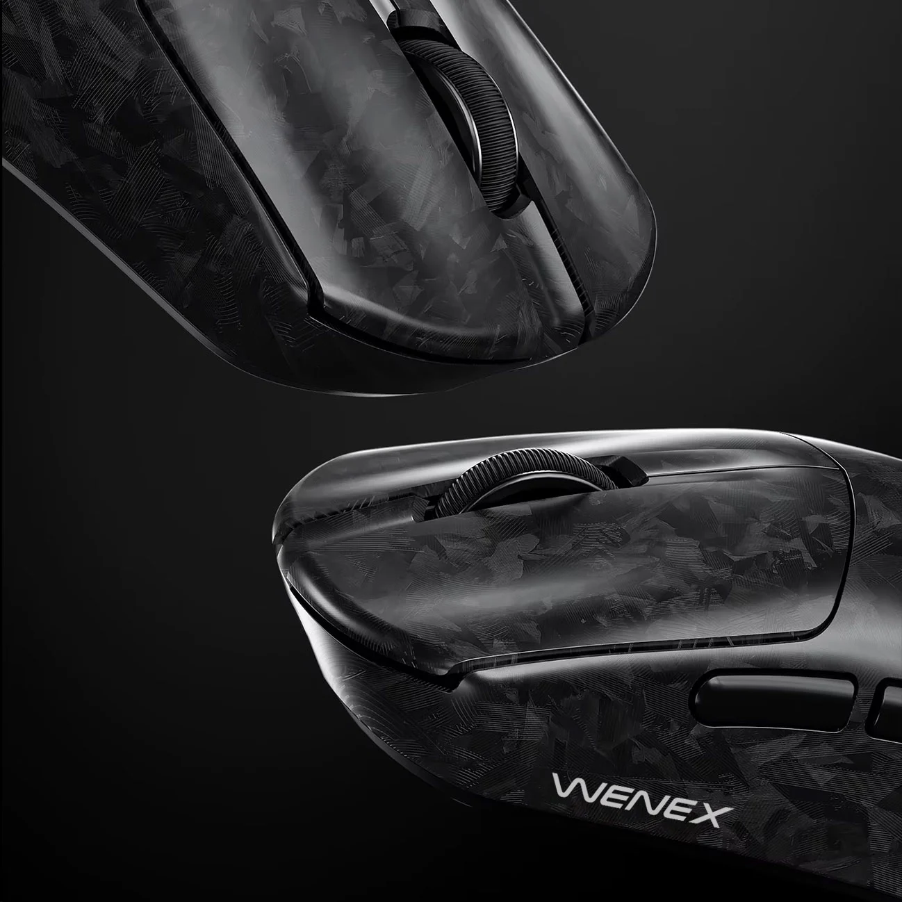 Macro view of two WENEX VECTOR mice showing the forged-composite shell texture and WENEX wordmark