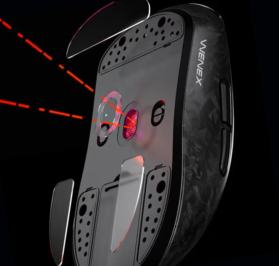 Underside of the WENEX VECTOR gaming mouse showing the precision sensor and glide skates