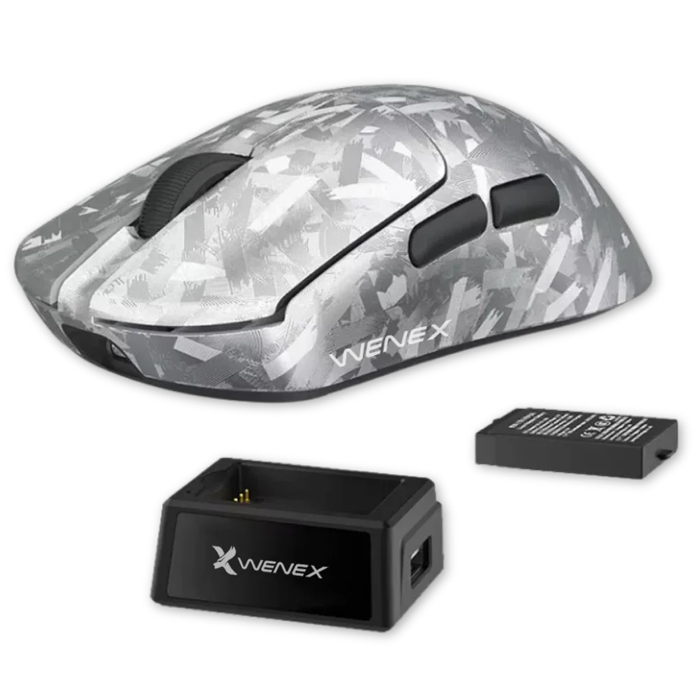 WENEX VECTOR gaming mouse, white forged finish, with charging dock and swappable battery
