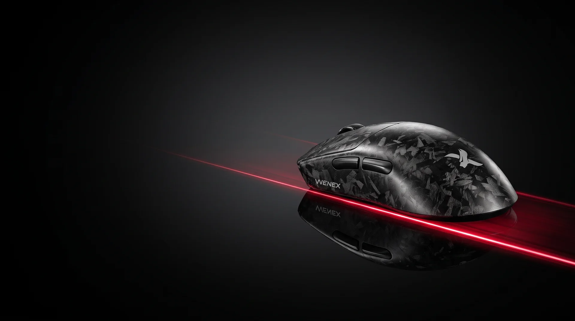 WENEX VECTOR gliding over black glass with a thin crimson light trail behind it