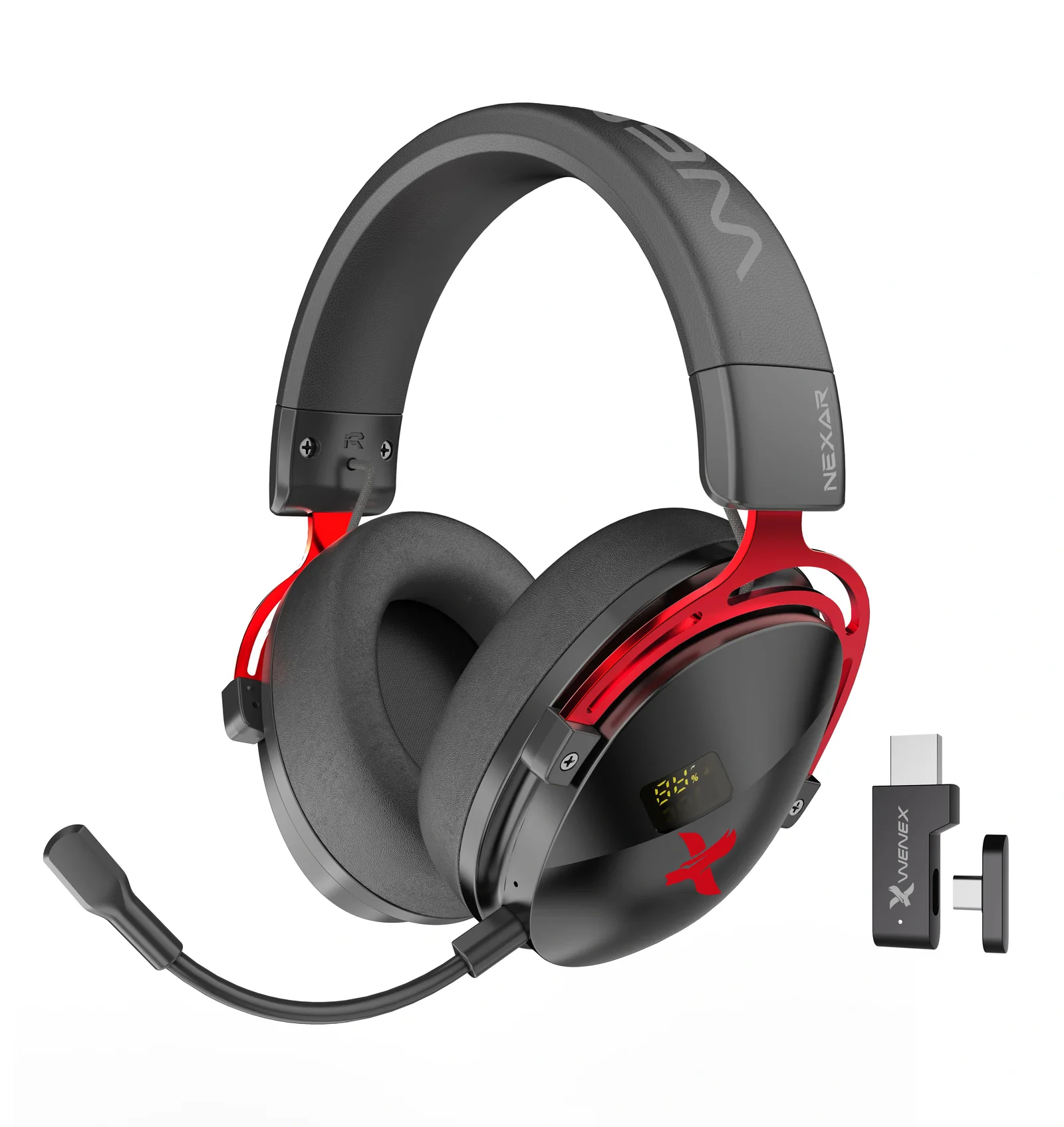 WENEX NEXAR WAVE wireless gaming headset with USB-C dongle and battery display