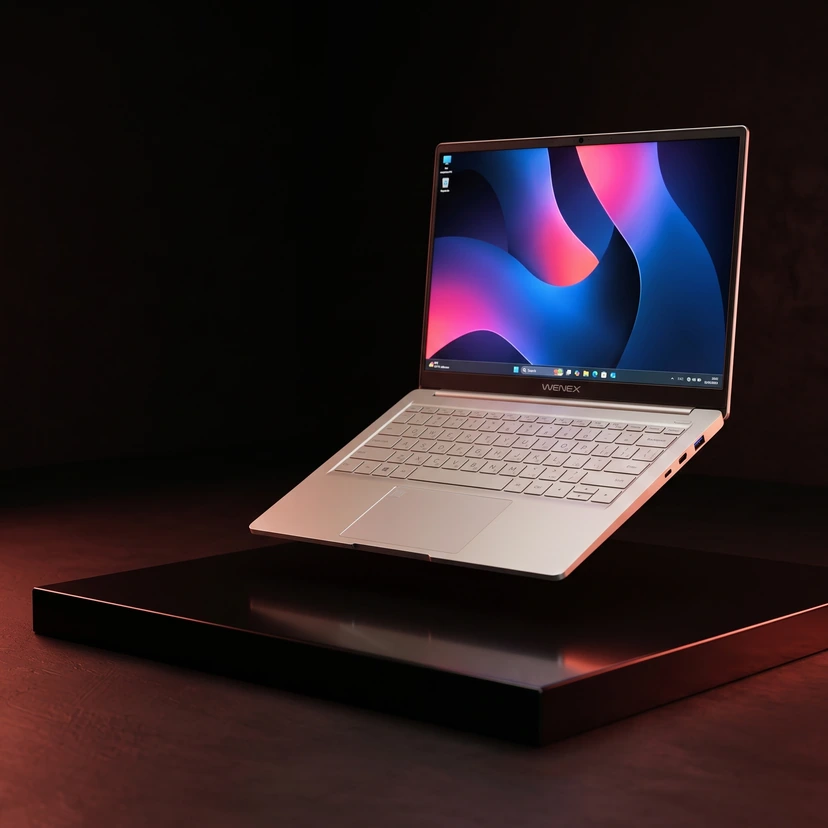 حاسوب WENEX MyBook Air قياس 14 بوصة بلون شمبانيا فاتح، مفتوحًا على قاعدة داكنة تحت إضاءة حوافّ دافئة.