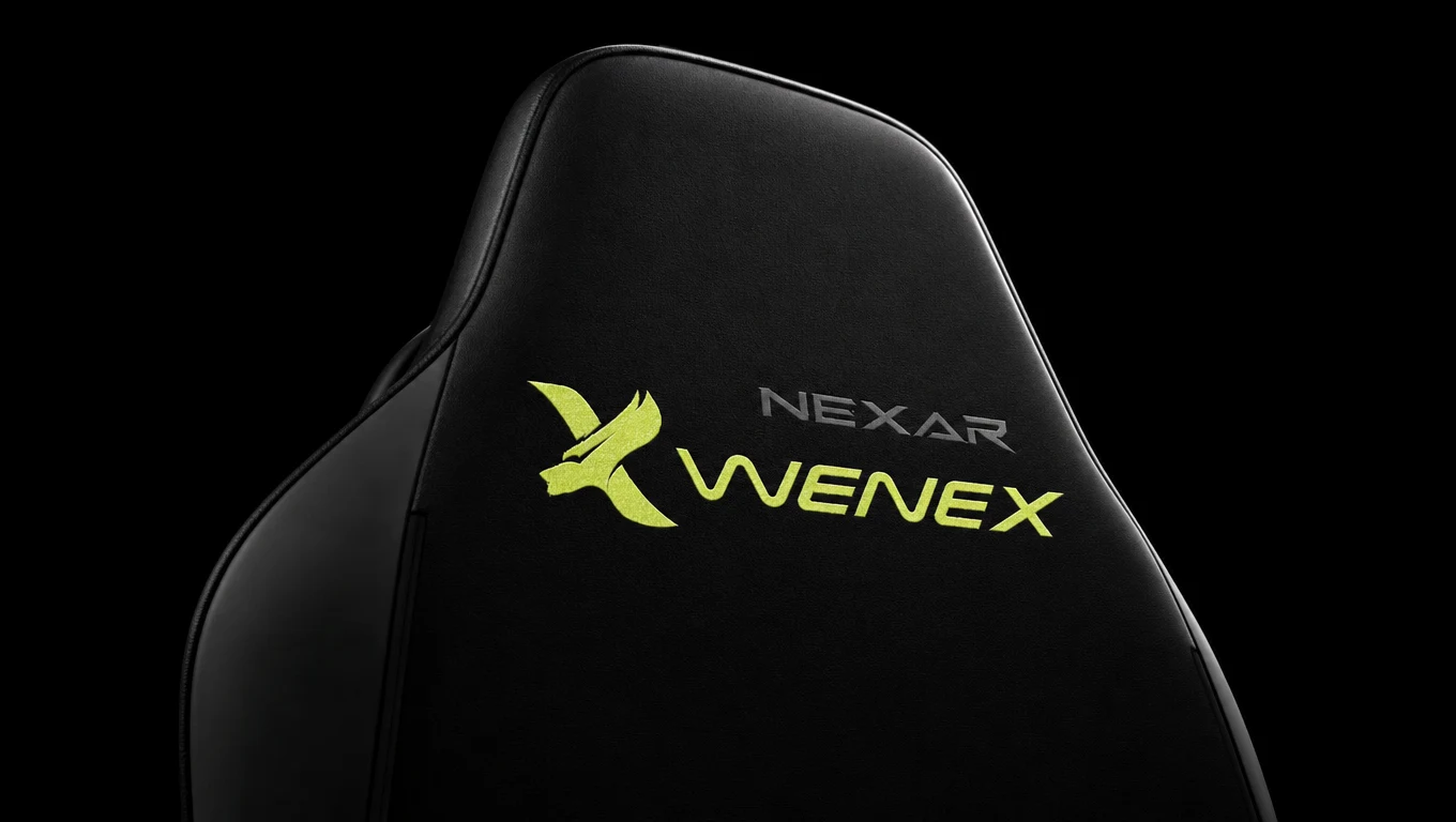 The rear crown in Phantom Green: NEXAR embroidered grey above the WENEX lockup, its fox emblem and wordmark both lime