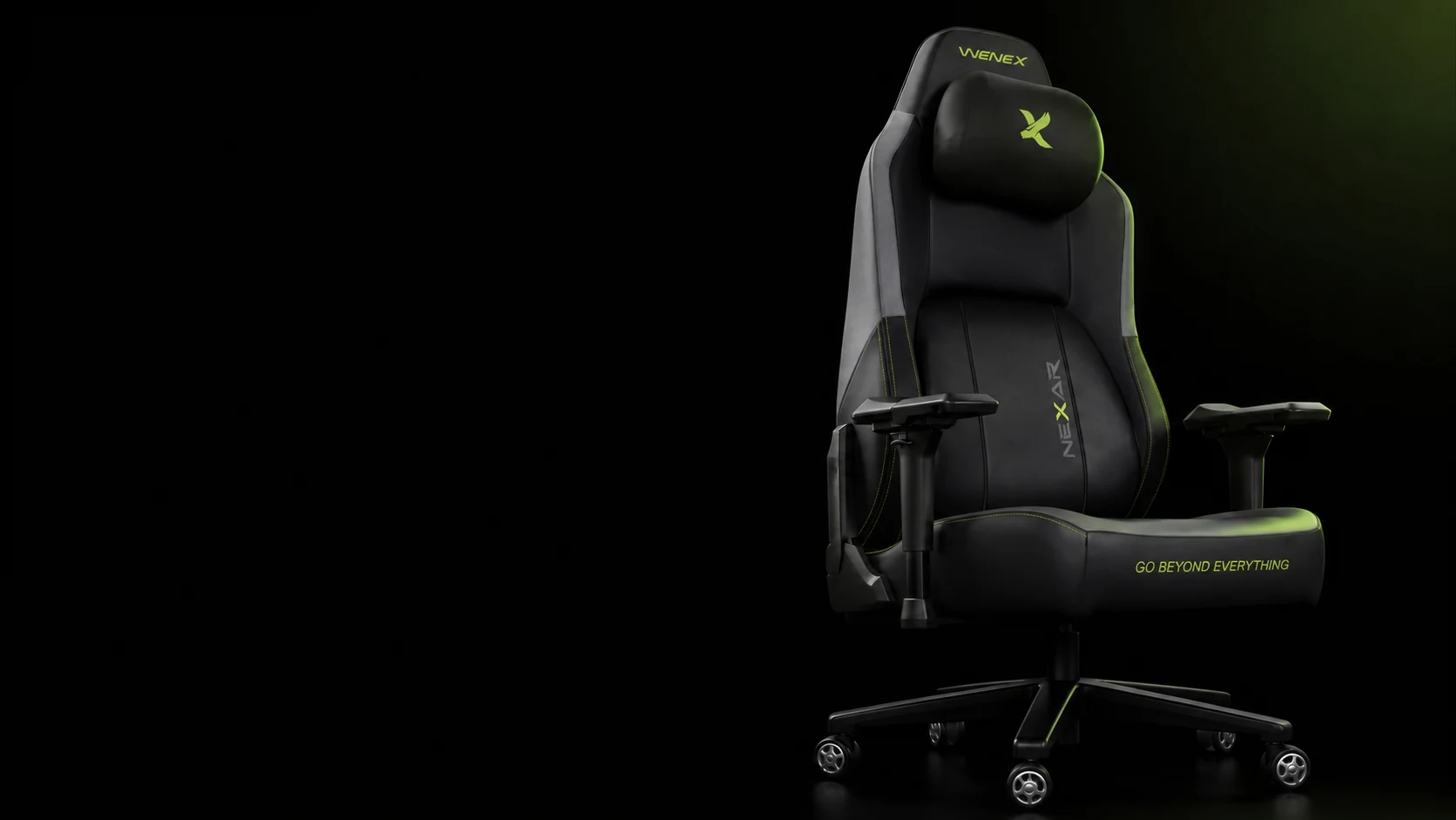 WENEX COMMANDER بلون Phantom Green، بإضاءة حواف ليمونية، ومسرح داكن إلى اليسار