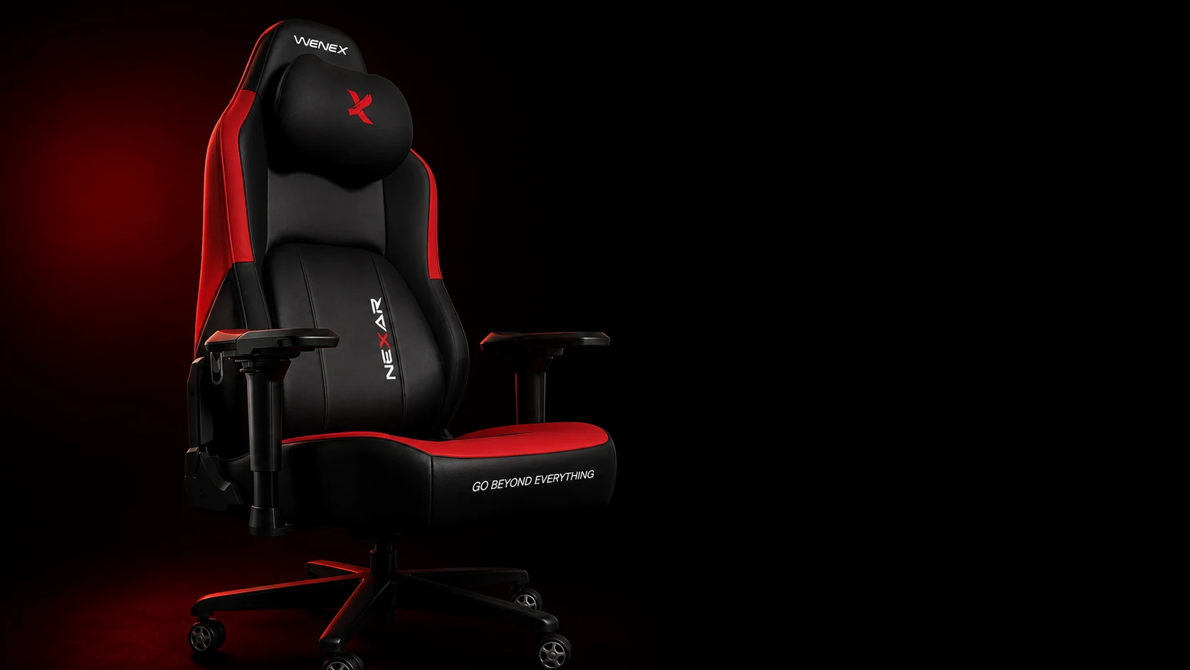 WENEX COMMANDER بلون Inferno Red، بتوهج أحمر عميق خلفه، ومسرح داكن إلى اليمين