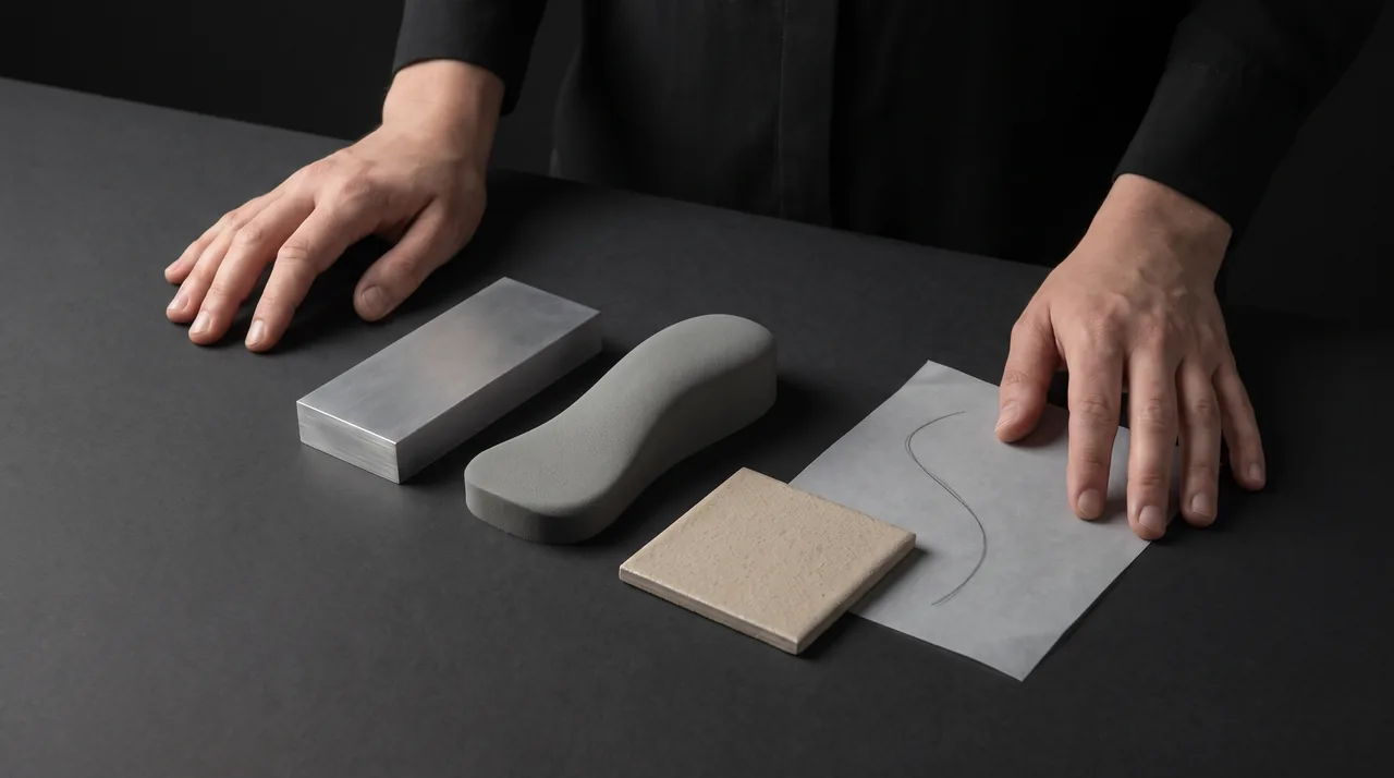 Two hands resting on a studio table beside three material study pieces — a brushed aluminium block, a sanded grey foam form and a beige ceramic swatch — next to a pencil curve drawn on tracing paper