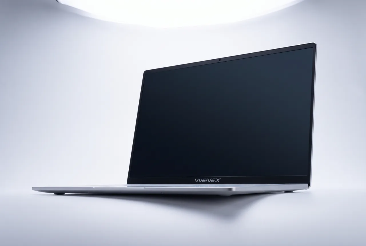 The WENEX MyBook Air open on a pale studio background, seen low from the front, its screen dark