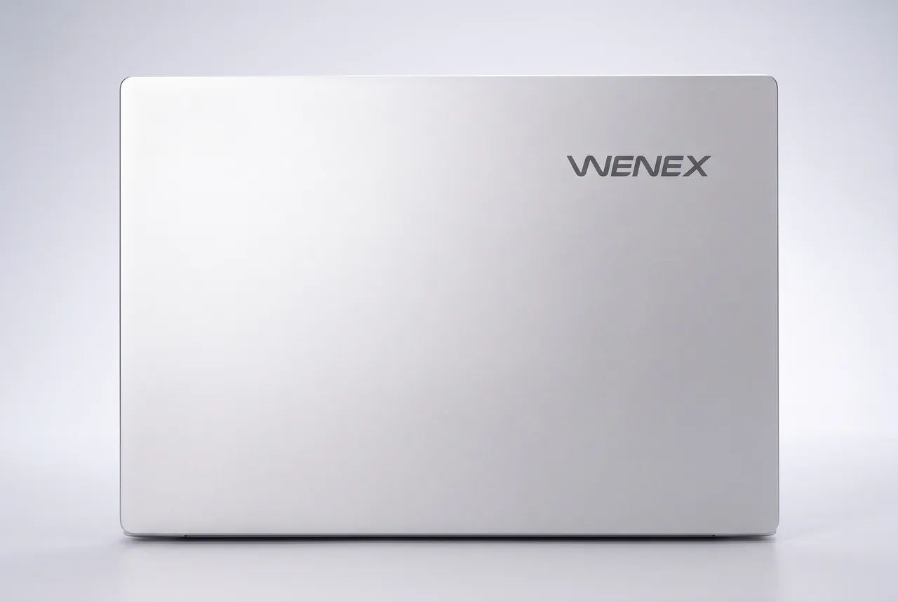 The closed lid of the WENEX MyBook Air in silver-white aluminium, the WENEX wordmark on the upper right