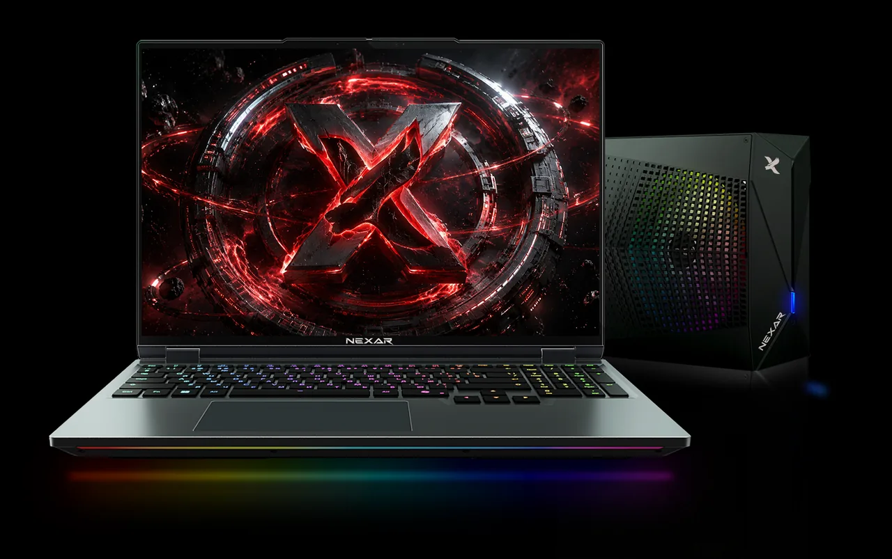 The WENEX NEXAR laptop photographed beside its external liquid-cooling module, keyboard and front light bar lit