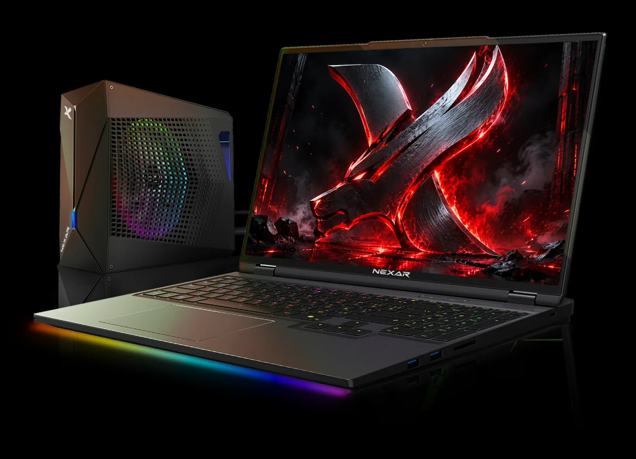 The WENEX NEXAR gaming laptop beside its external liquid-cooling module, keyboard and front light bar lit, on a black studio background