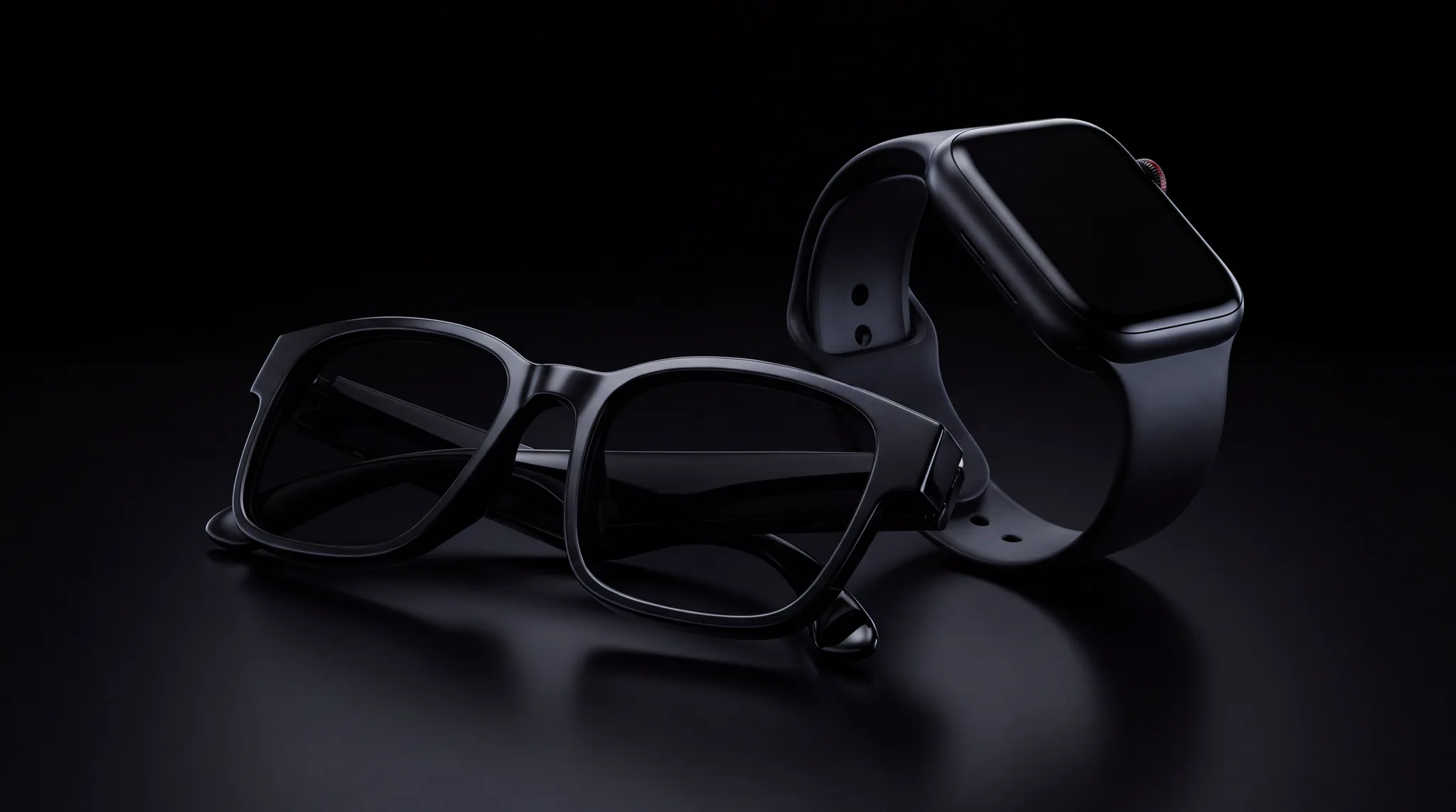 WENEX ViaVel smart glasses and the Eterno watch photographed together in a dark studio